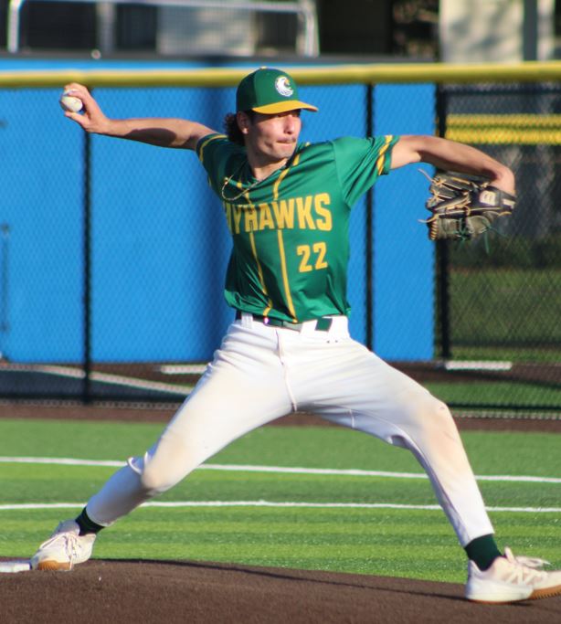 Jayhawks' pitcher Berk Gezlev in the middle of his throwing motion