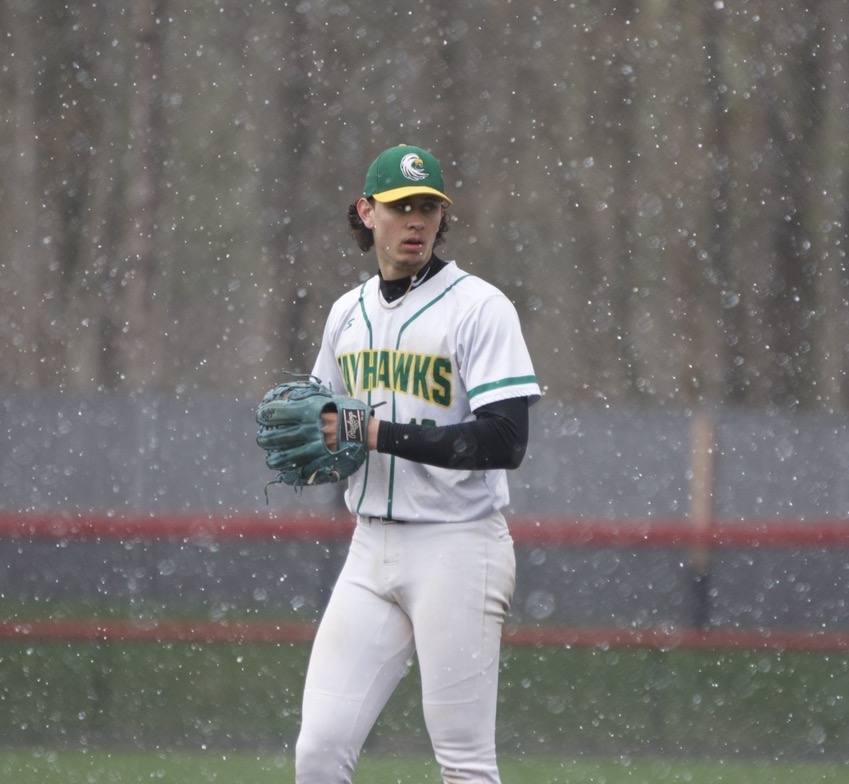 Jamestown's Santino Musone winds up to pitch through the snow