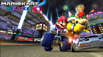 Mario and Bowser  bumping into each other in a Mario Kart Deluxe 8 race.
